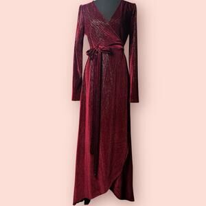 BALTIC BORN Serena Shimmer Velvet Wrap Dress Burgundy Merlot Long Sleeve Small